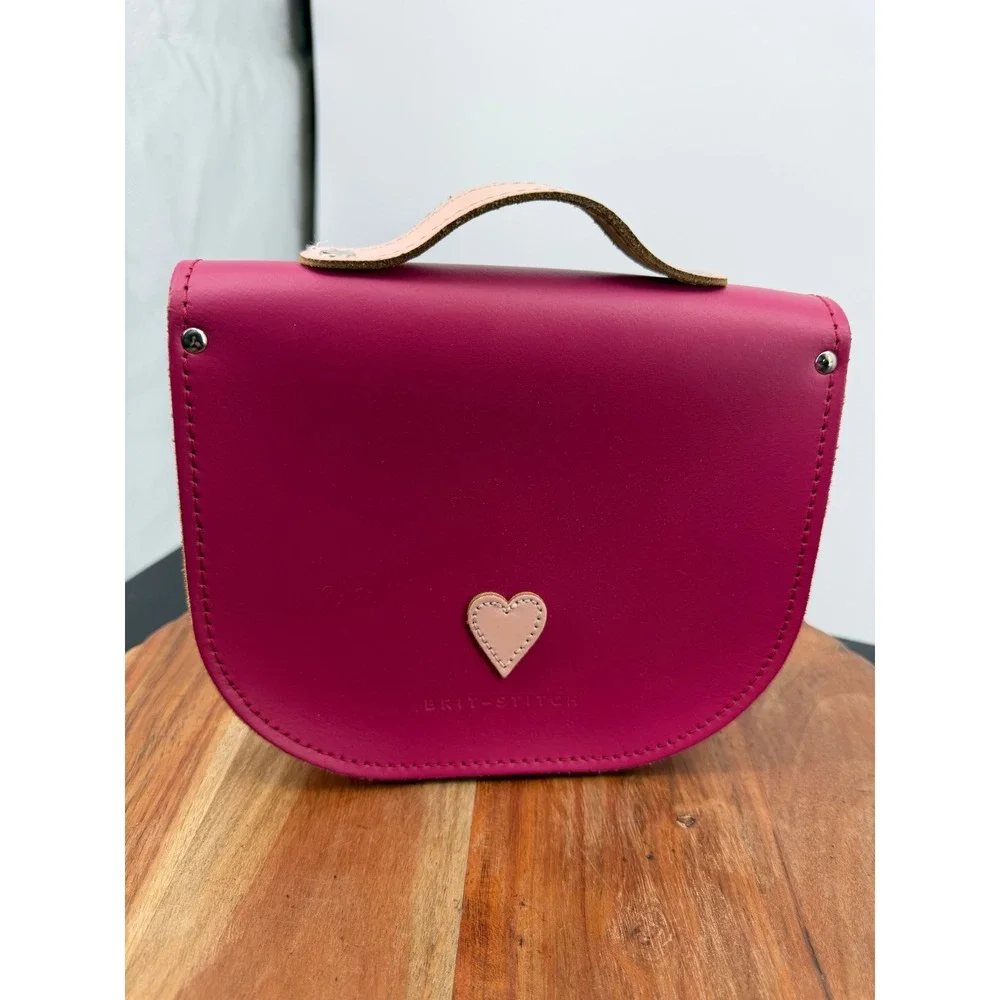 Brit-Stitch Heart Satchel Crossbody Bag Womens Small Magenta Pink‎ Leather